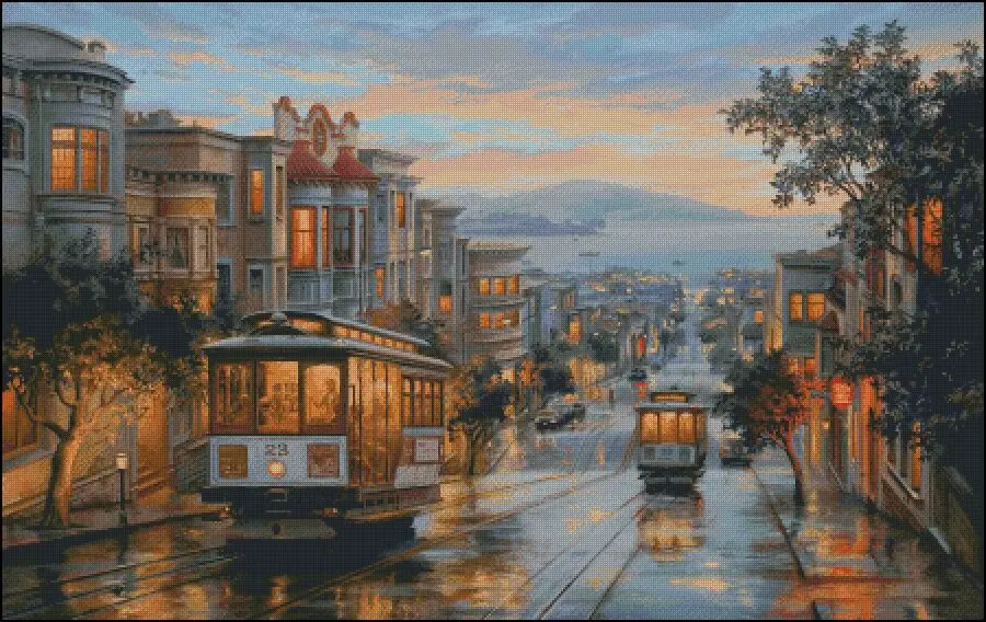 Street Scene Night Tram 18CT 14CT Canvas Unprinted Top Quality Cross Stitch Kits Embroidery DIY Handmade Needlework Home Decor