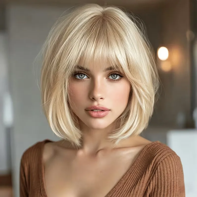 Women's short wig in linen brown, realistic-looking with air bangs, layered bob style, shoulder-length hair
