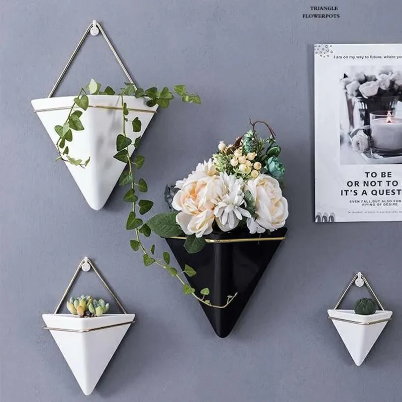 NEW Wall Mounted Triangle Plant Flower Pot Nordic Ceramic Flowerpot Succulent Plant Holder Indoor Hanging Planter Geometric Vase