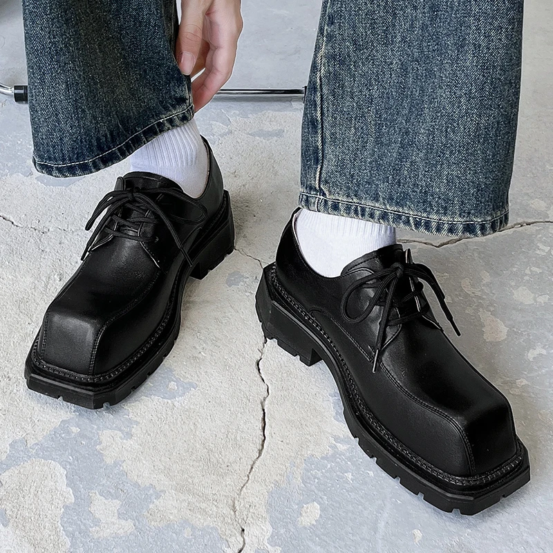 

Мужская мода, вечерние платья для ночного клуба, туфли на платформе, туфли дерби на шнуровке с квадратным носком, черная модная оригинальная кожаная дизайнерская обувь