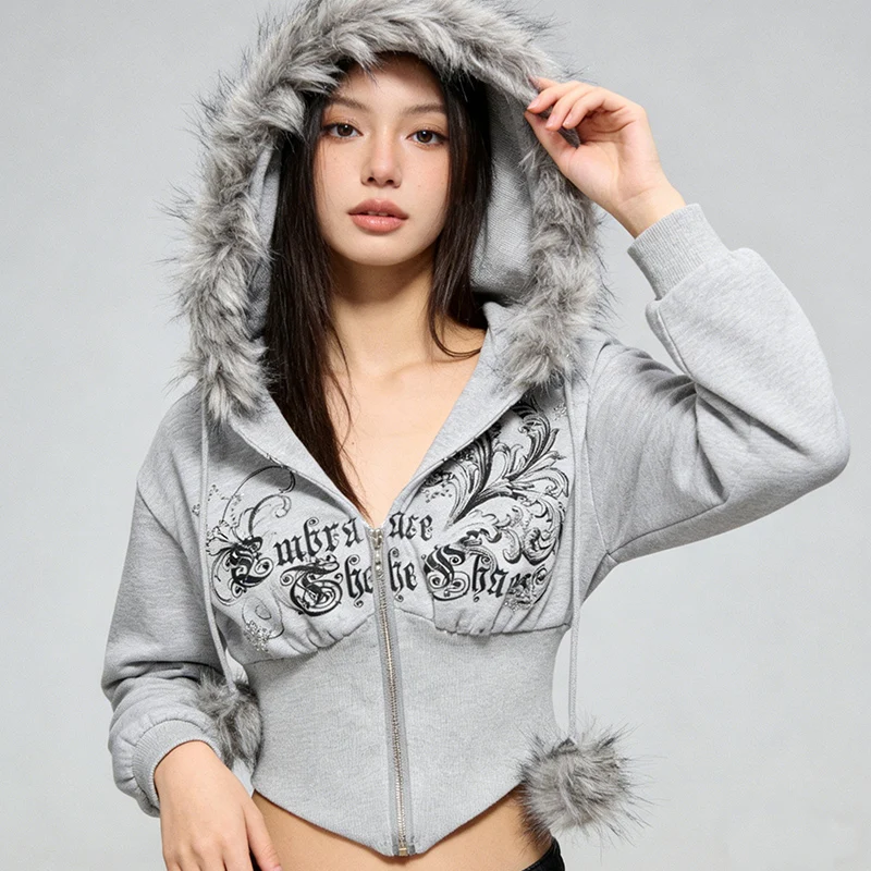 

European American Long Sleeve Short Emo Girls Casual Top Fashion Harajuku Vintage Gothic Waist Slim Zipper Cardigan Plush Hoodie