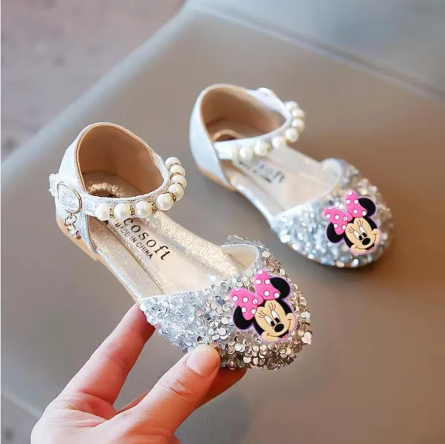 Sepatu putri anak perempuan, sandal Disney Minnie, sepatu penampilan, tari mutiara, sepatu kasual anak-anak, sepatu putri anak perempuan baru musim semi musim panas