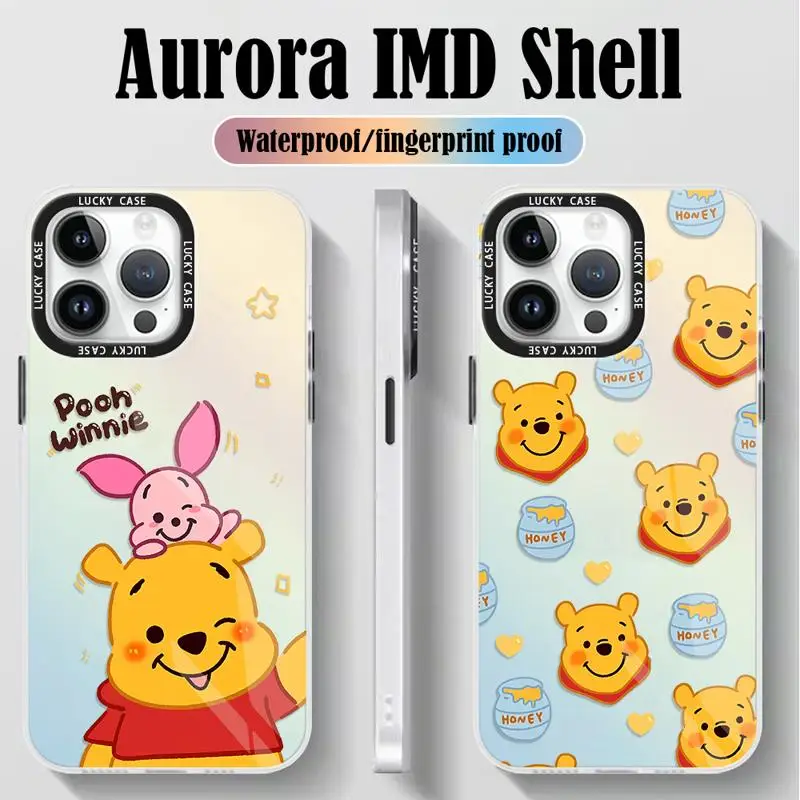 Disney Cartoon Cute Pooh for iPhone 15 14 13 12 11 pro Max XS XR X 7 8 Iridescent Laser Clear Gradient Color Matte Phone Case