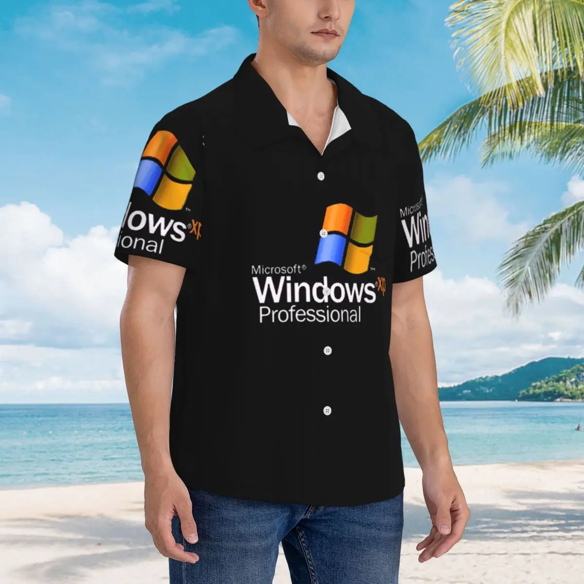 Windows XP メンズ シャツ ハワイアン半袖シャツ 面白いラペル トップス 夏のビーチ用