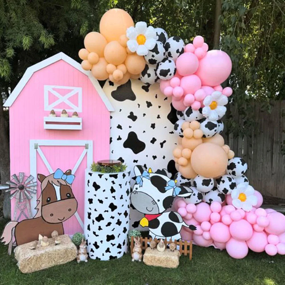 

118Pcs Cow Farmland Theme Party Pink Balloon Garland Arch Kit Daisy Cow Printed Balloons for Farm Birthday Party Decor Supplies