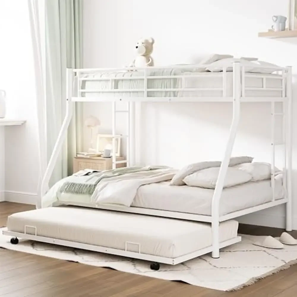 Triple Bunk Beds Twin Full Size Sturdy Steel Frame 2 Ladders Safety Wheeled White 78.1"L x 96.8"W x 63"H image 3