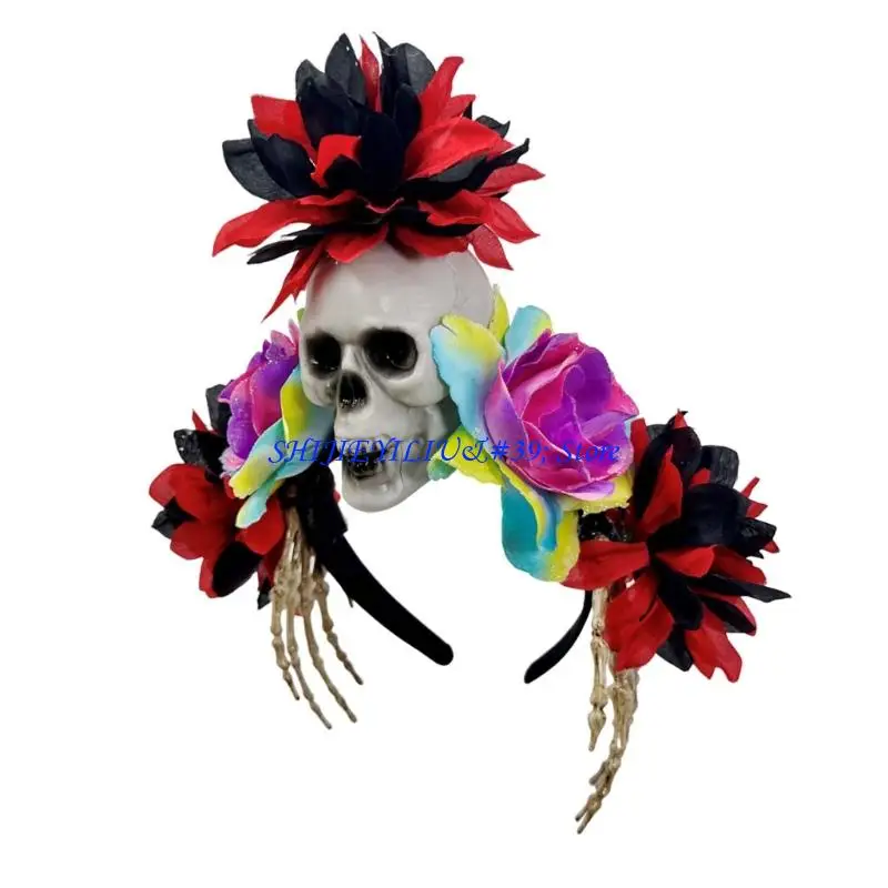 E21F Halloween Skull Hairband With Skeleton Hand and Simulation Flower For Cosplay