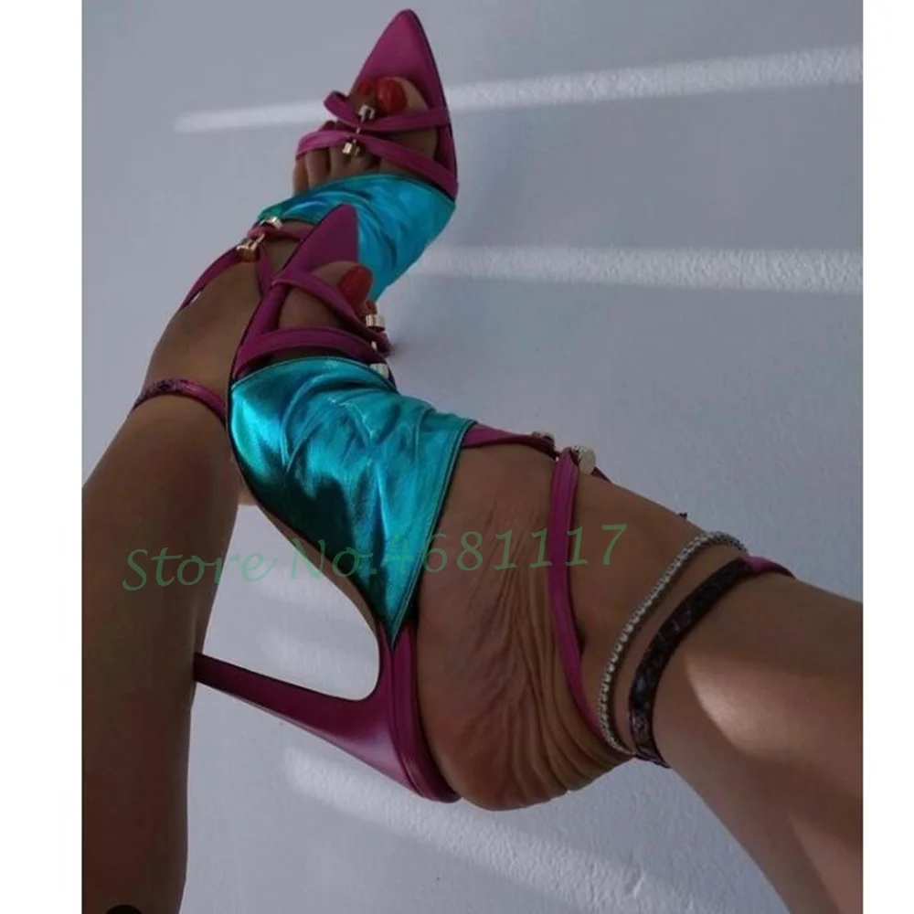 Neon Pink Color Strap Buckle Sandals Women Metal Rivets Heels Patent Leather Thin Heels Party Shiny Sandals 2022 Summer Shoes