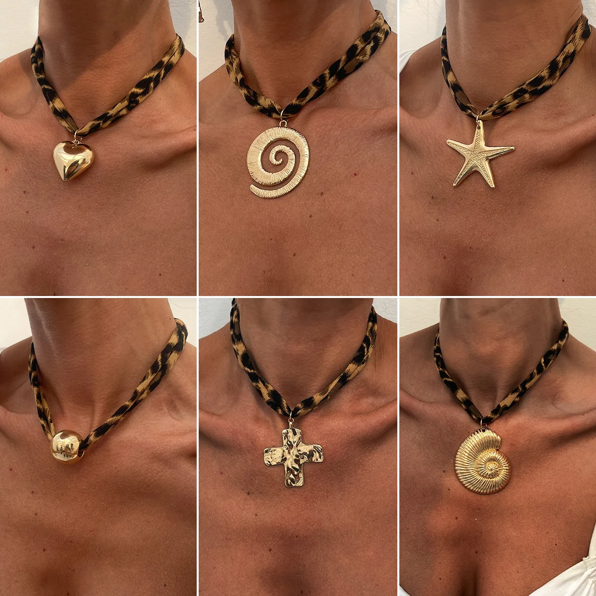 

European and American ocean-style conch and starfish pendant necklace, sexy leopard print cotton love collarbone necklace