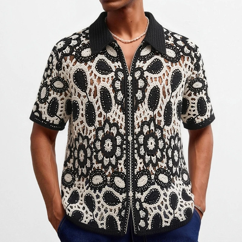 Fashion Men Hollow Out Short Sleeve Knitting Shirts Black White Color Blocking Crochet Casual Cardigan Lapel Polo Shirt SY0227