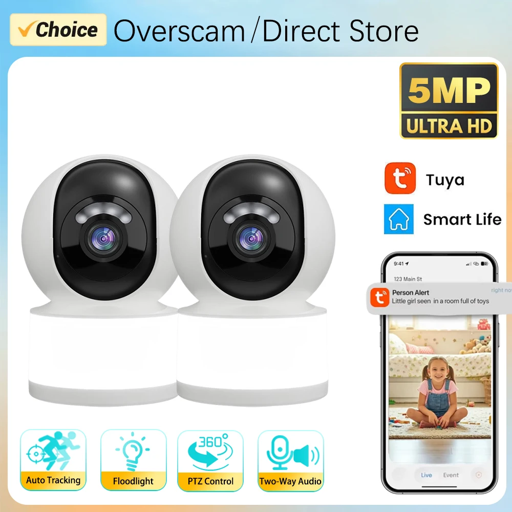 

Мини-камера Tuya Smartlife 5 МП для помещений, 360° ° Беспроводная Wi-Fi PTZ-камера с автотрекингом, прожектором и двусторонней аудиосвязью для дома и наблюдения за детьми