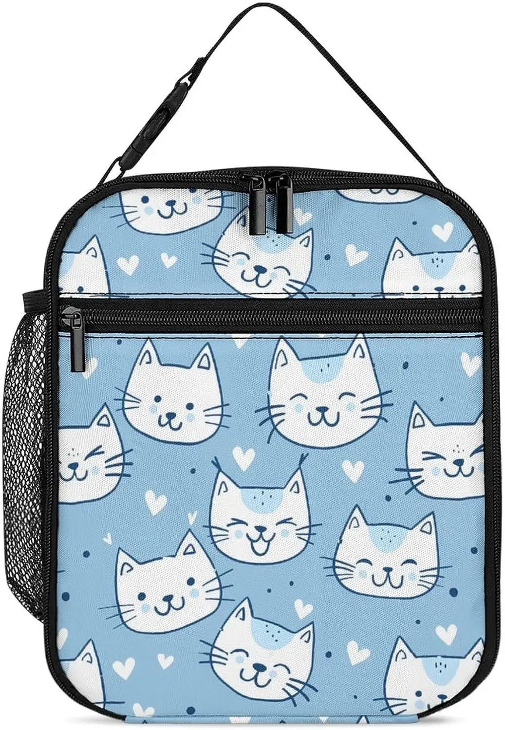 

Cute Light Blue Cat Lunch Bag Insulated Lunch Box Portable Cooler Bag with Handle And Bottle Pocket for Women Men