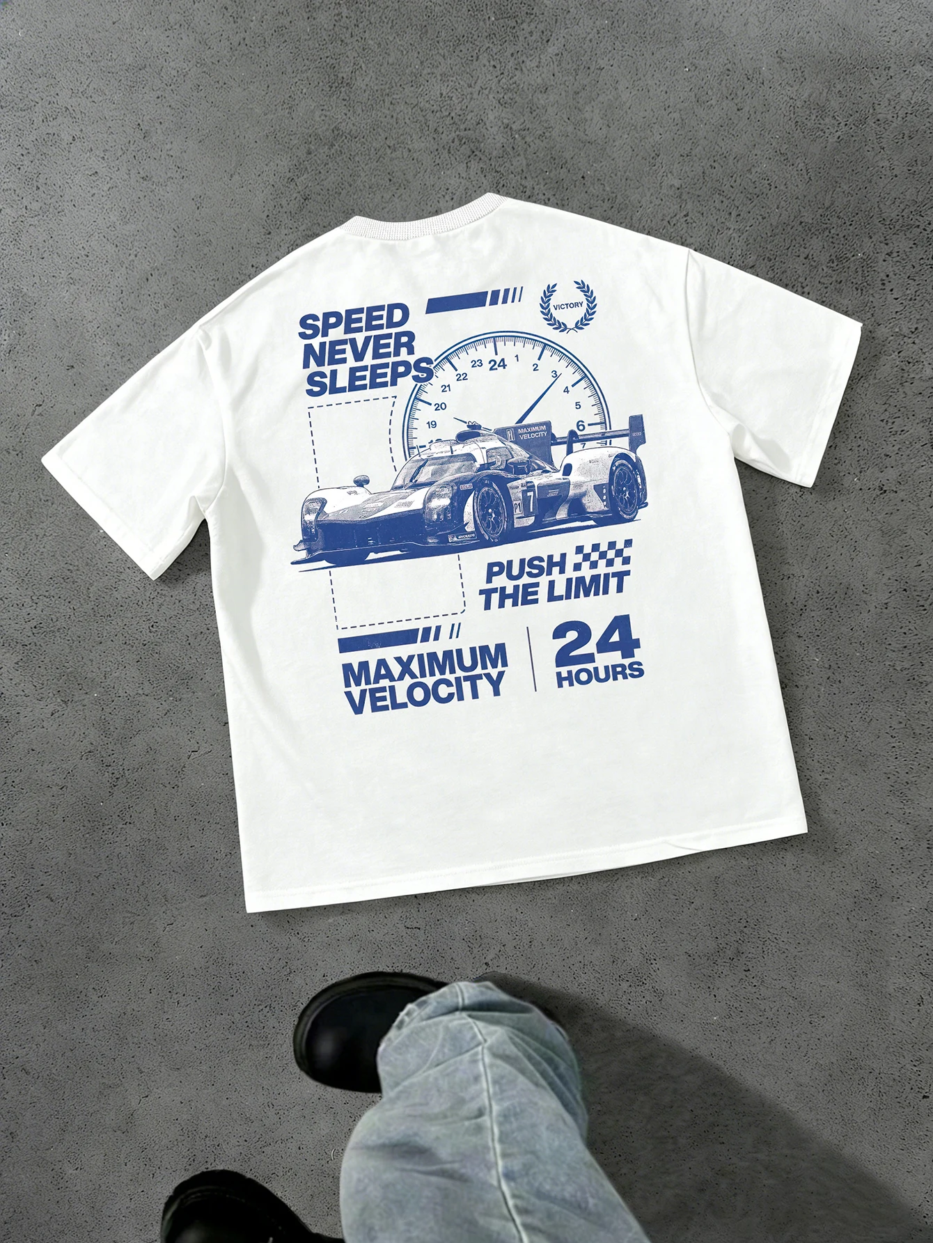 Men's Oversized Racing Streetwear T-shirt Brand 24h Race Car Speedometer Graphic Print Loose Fit Cotton Short Sleeve White Casua