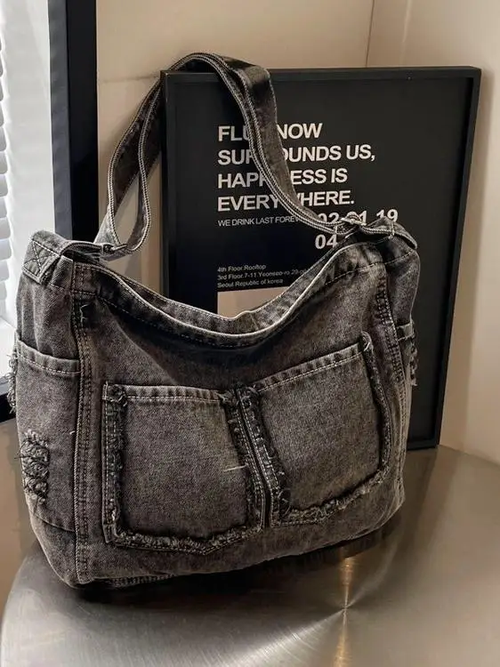 

Весенняя женская джинсовая сумка-кроссбоди большой вместимости, повседневная, для города, складная, на молнии, сумка-тоут