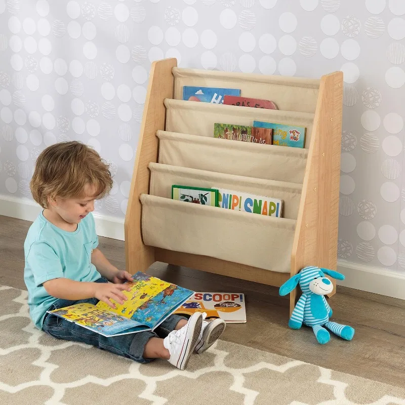 Wood and Canvas Sling Bookshelf Furniture for Kids – Natural, Gift for Ages 3+