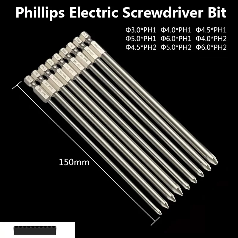 50/75/100/150mm Phillips Electric Screwdriver Bit PH0/1/2 Magnetic Screw Driver Bit S2 Alloy Steel High Hardness Batch Head Bit