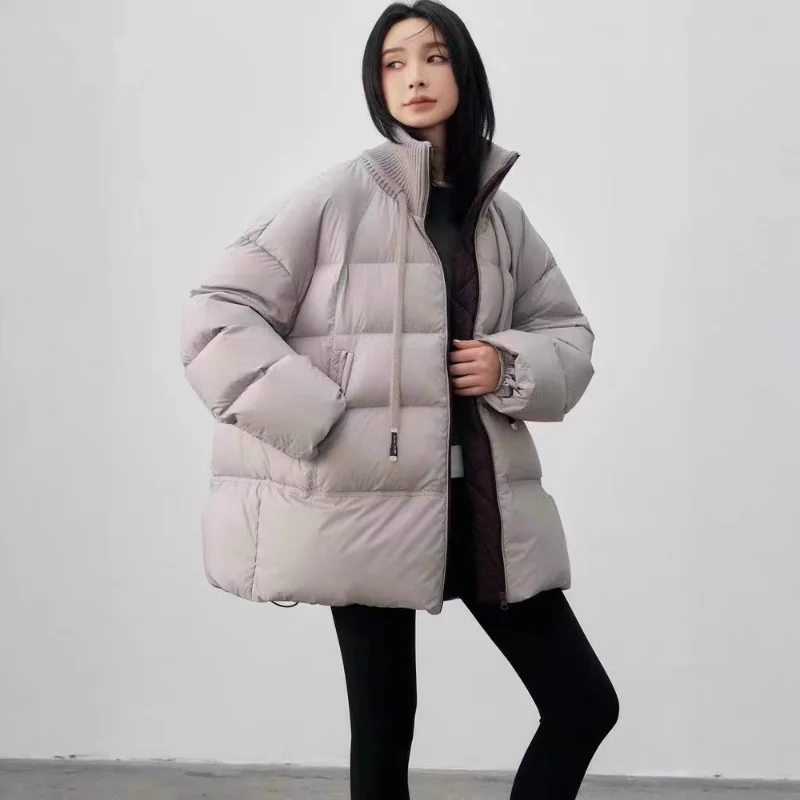 Jaket Musim Dingin Wanita dengan Tali Serut dan Kerah Bergaris Rajutan Patchwork Oversized Tebal Hangat Trendy
