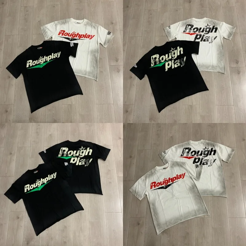 New Round Neck Men's Women's Rough Play Tops Street American Retro Distressed Black White Loose Cotton Short Sleeved T-shirts