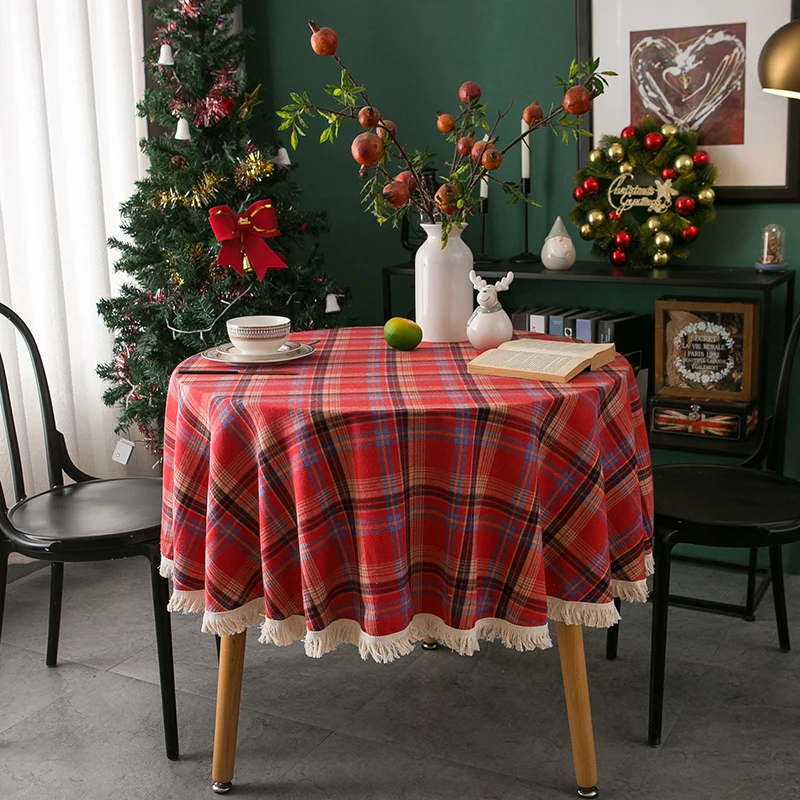 Table cloth Christmas Green Table Mat Nordic Christmas Red Grid Retro Tablecloth Yarn Dyed Plaid Round Tassel Table Cloth Home