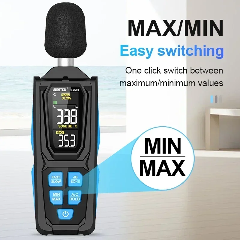 dB Sone Unit Shift SL750B Sound Level Meter 30 to 130dB Audio Noise Volume Measure Instrument A/C Weight Decibel Meter