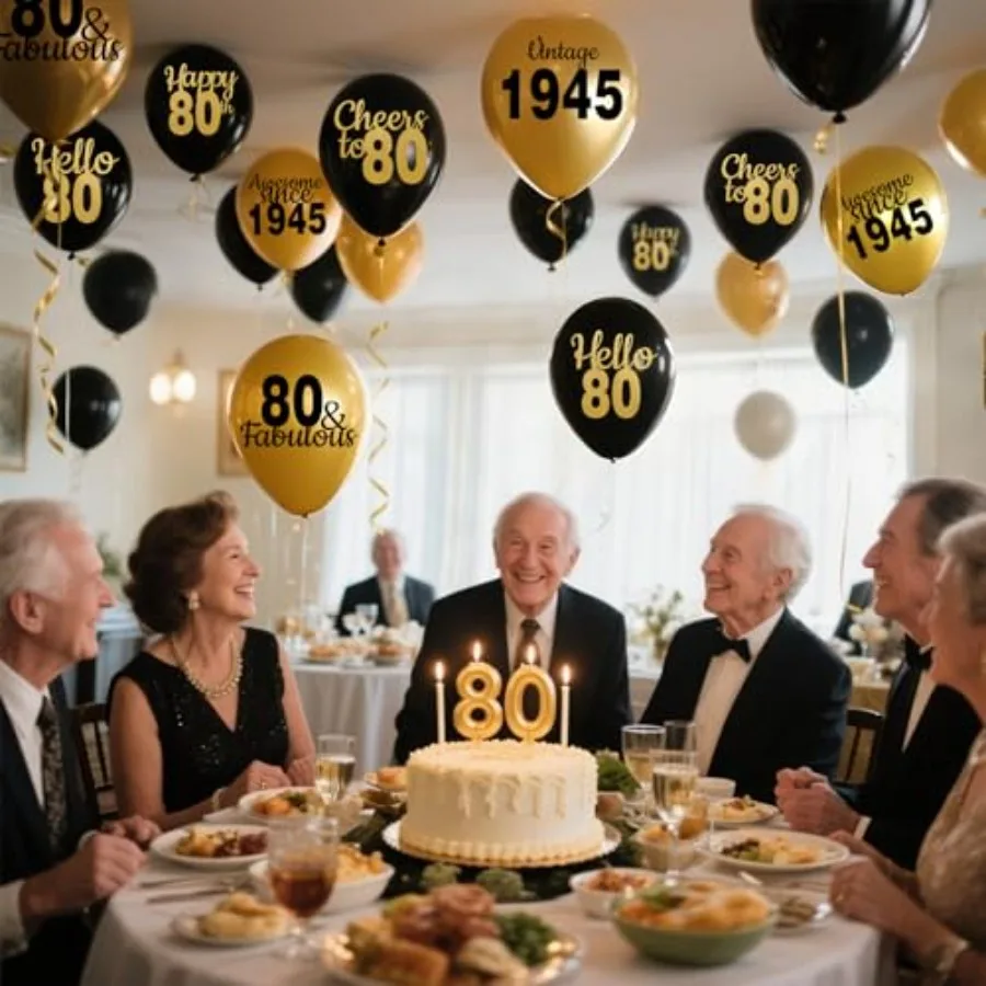 80번째 생일 장식용 풍선, 남녀 공용 블랙 골드 12인치 라텍스 콘페티 풍선 24개, 1945년 파티용