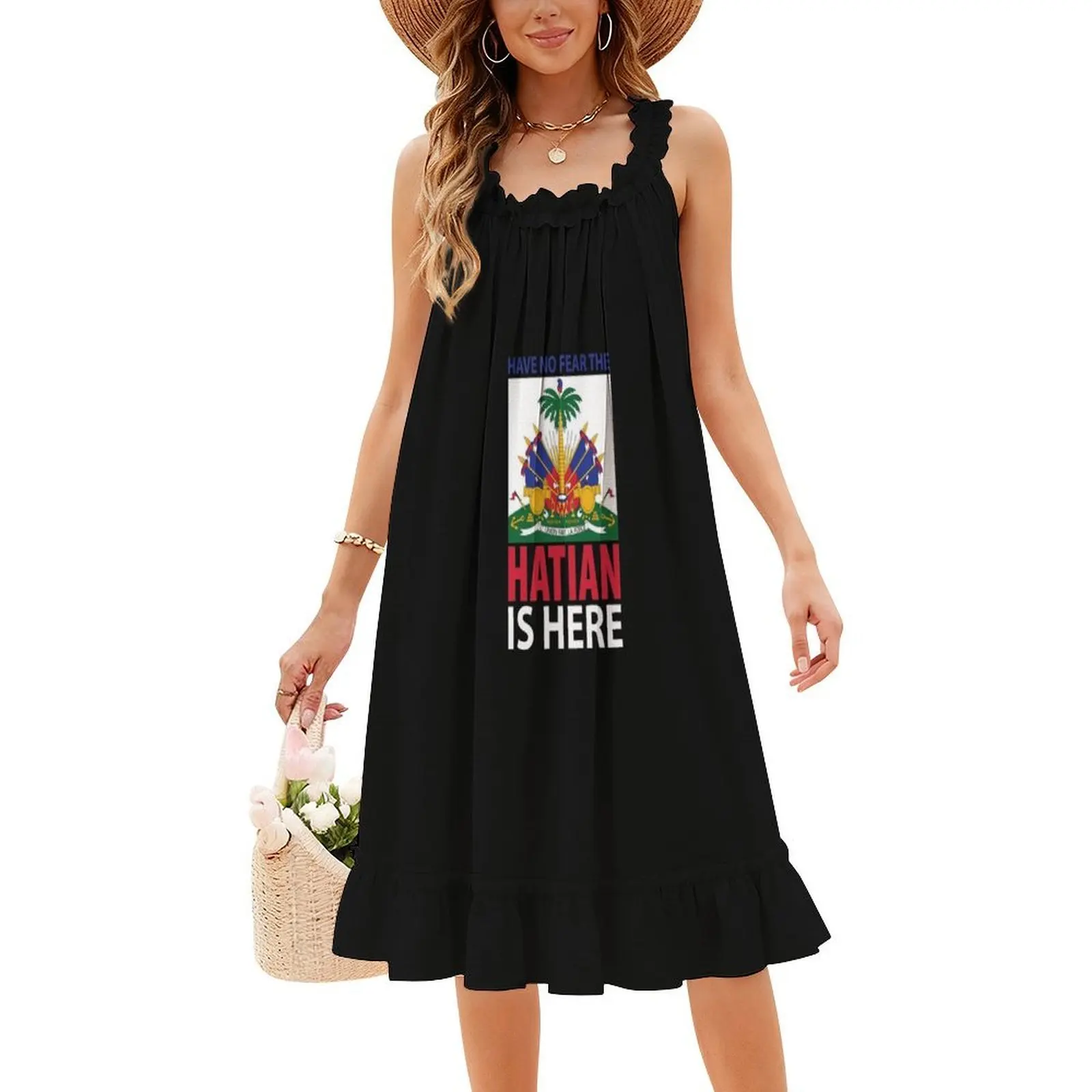 

Have No Fear The Haitian Is Here-Patriotic Design Preppy Style Mini Dress For Women A-Line Loose Fit Casual Day Dress Haitian