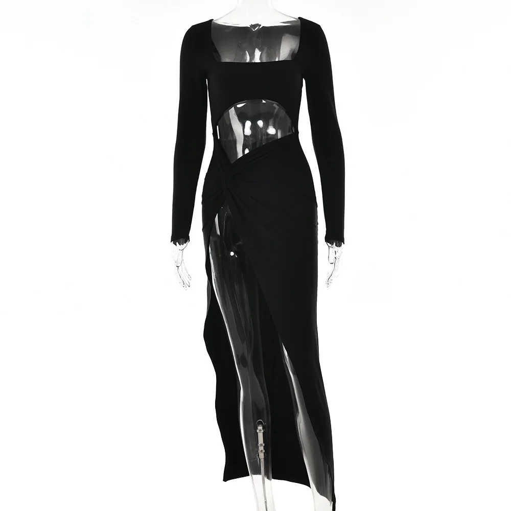 Y2k Summer midriff Baring Elegant Sexy Long Sleeve Ruched Bodycon Dress Women Maxi Dresses Skinny Stretchy Party Vestidos