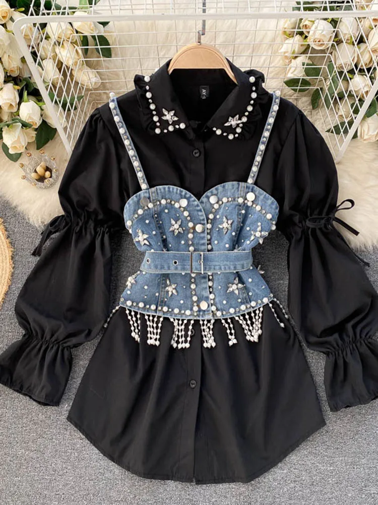 Spring Autumn New Blouse Women\'s Diamond Beaded Puff Sleeve Blusa Top Tassel Pearl Sling Waistcoat Two-piece Stacking Shirt C813