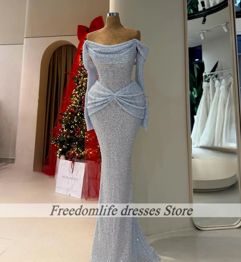 Abendkleider 2026 Glänzende Pailletten Meerjungfrau Schulterfreies Plissiertes Rüschen-Kleid Elegantes Ballkleid Hochzeitspartykleid Damen Maßanfertigung