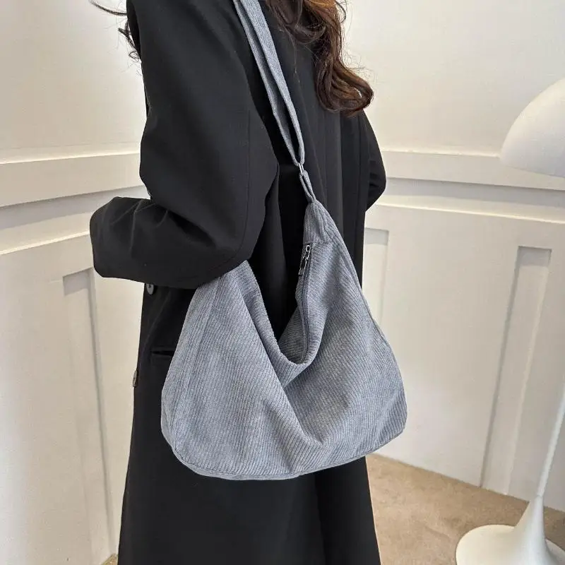 Corduroy Hobo Shoulder Bag Adjustable Strap Roomy Multi Pocket Casual Tote for Mom Baby Outing Daily Use