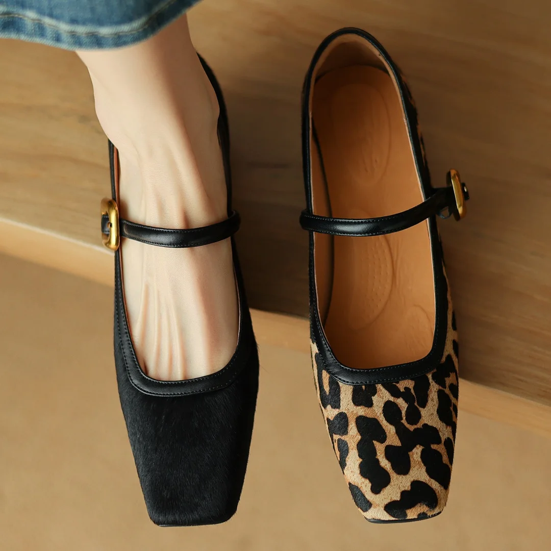 

Plus size 34-42 women's leopard horsehair Mary Jane flats square toe bordered high quality soft comfortable 2024 spring new shoe