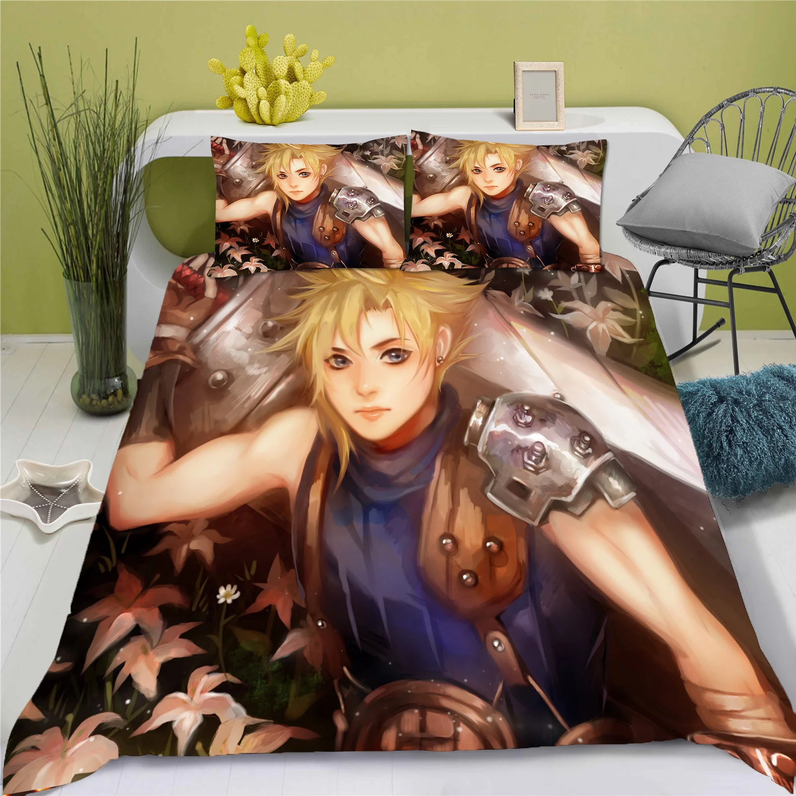 Final Fantasy Duvet Cover Set Children Gift Game Cartoon Quilt Polyester 3-Piece Soft Breathable Breathable Comforter Bedding