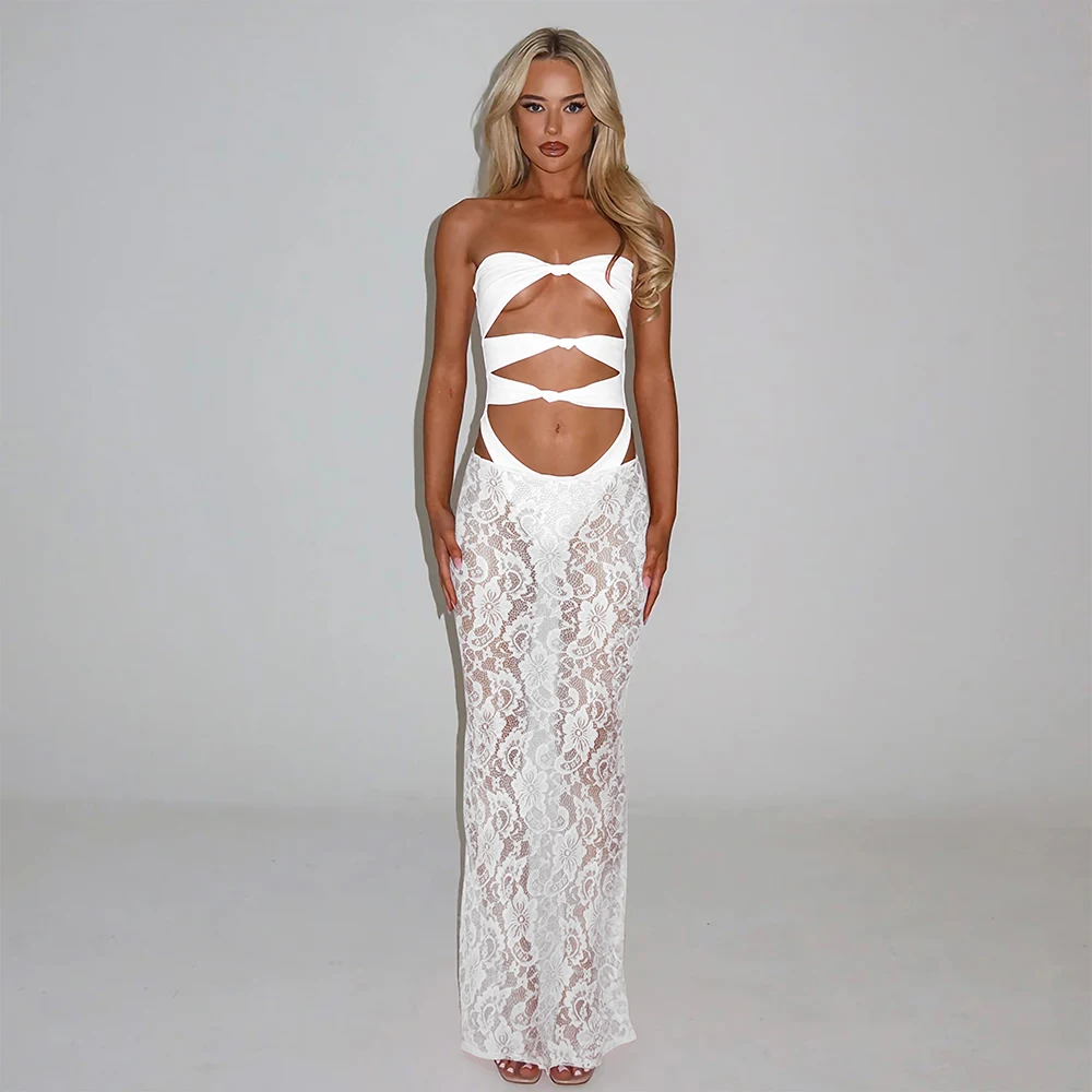 3-częściowy strój kąpielowy bikini, seksowny damski kostium kąpielowy, koronkowa sukienka maxi, narzutka, zestaw bikini, odzież plażowa, strój do pływania