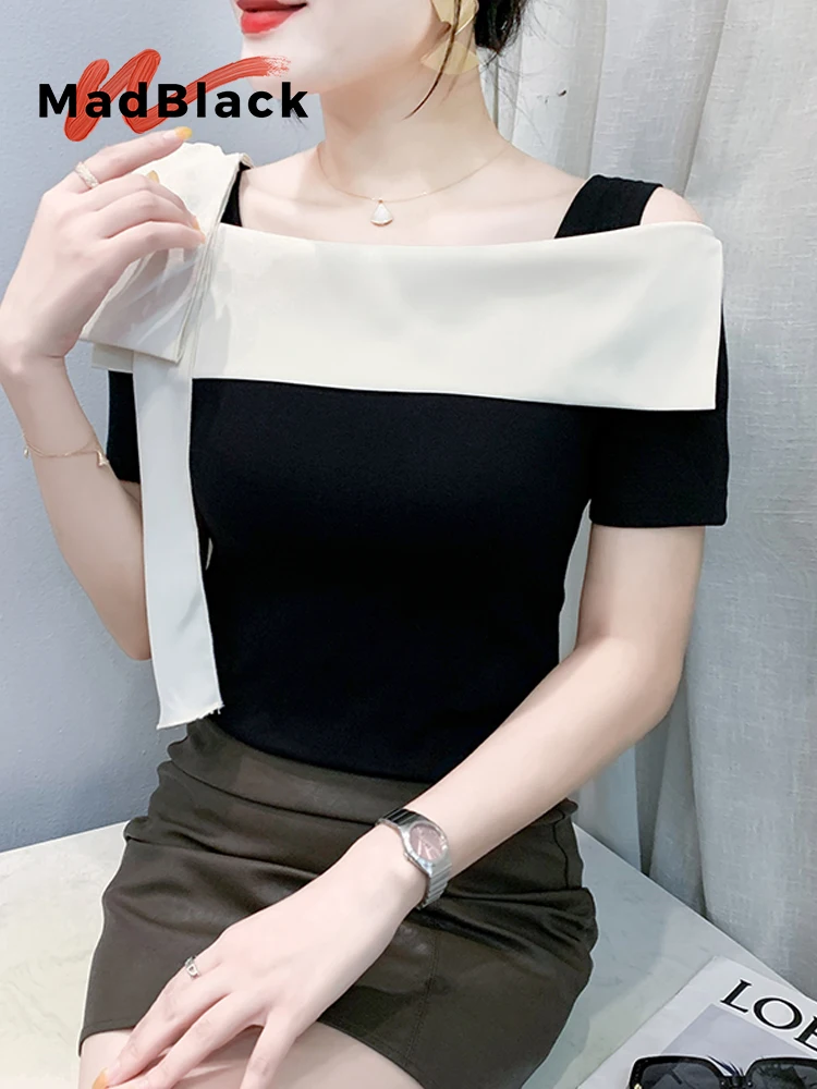 

MadBlack-Women European T-Shirt, Sexy Slash Neck Patchwork, Streetwear Short Sleeve Slim M-3XL Tee, 2025 Summer New T57664CC