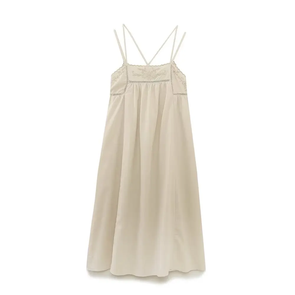 

BM&MD&ZA Womens Elegant Sexy Sleeveless Spaghetti - strap Mid - length Loose Linen - blend Dress with Delicate Embroidery