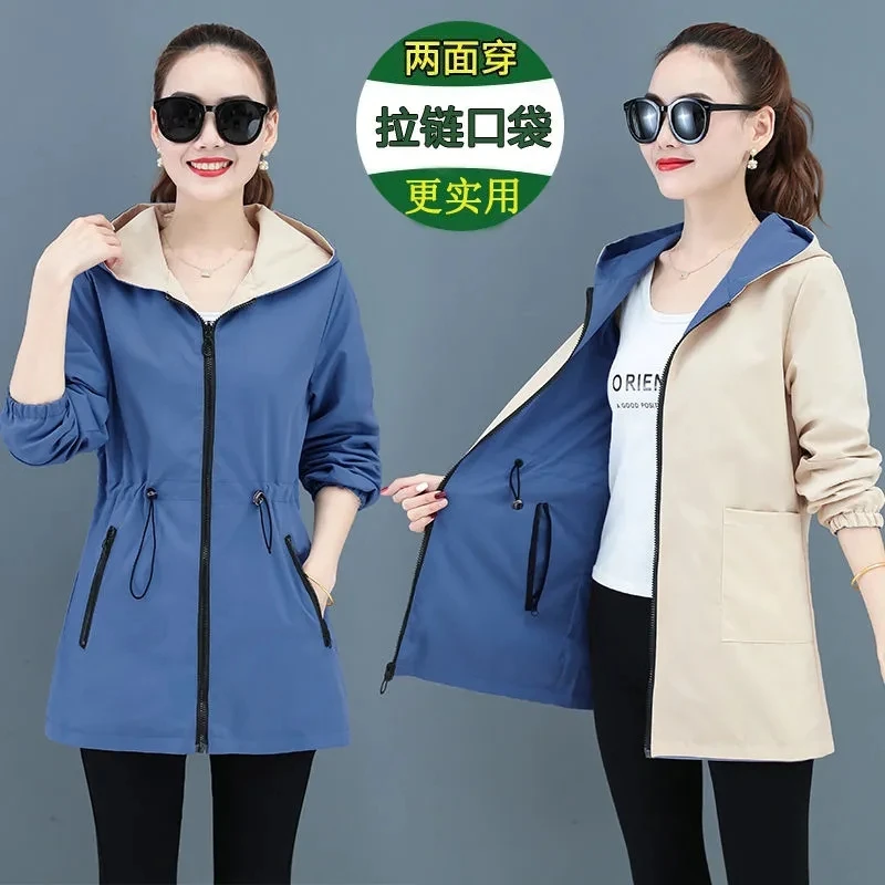 

Double-Sided Trench Coat Women 2023 New Clothes Hooded Large Size Long Windbreaker Jacket Female Spring Autumn Outerwear Tops