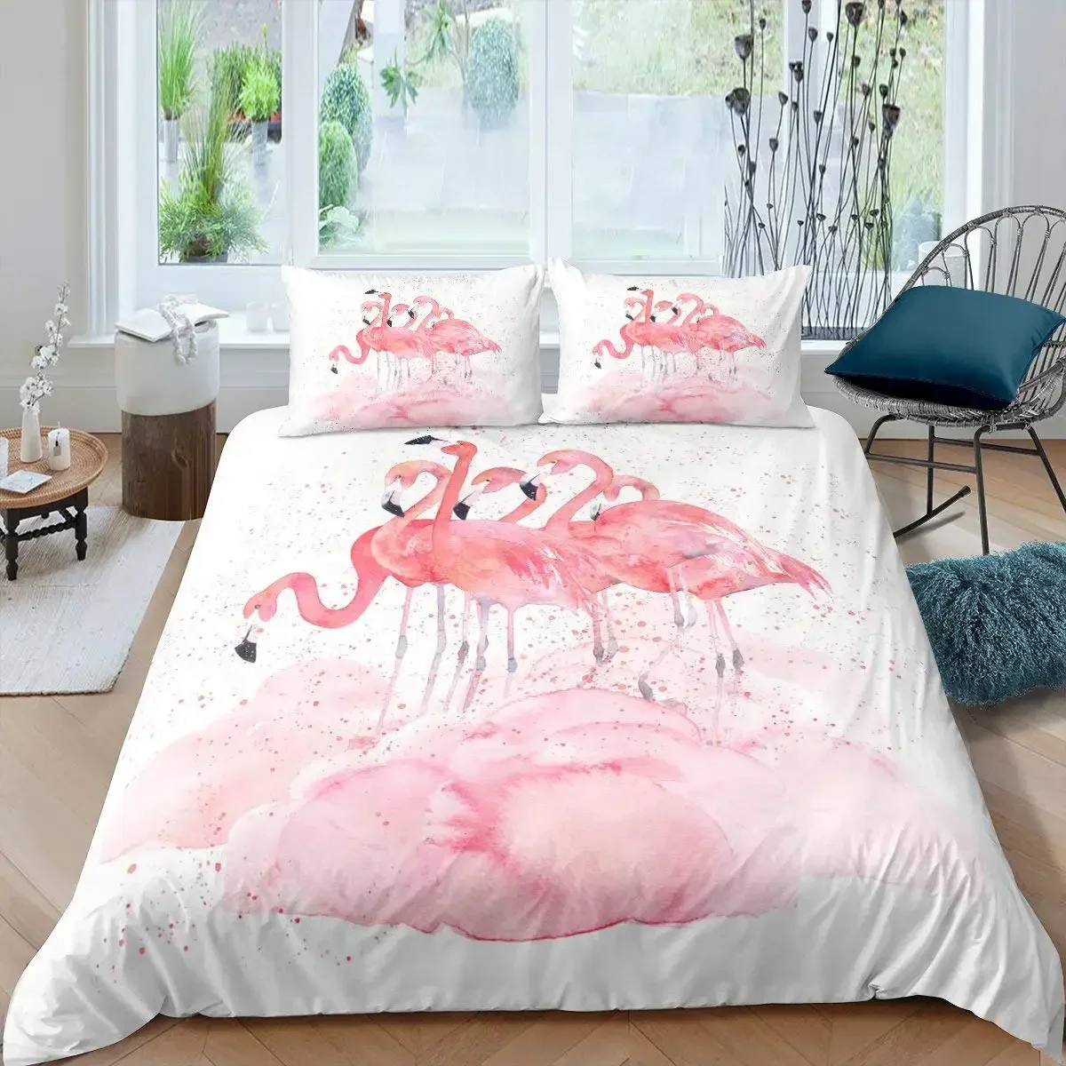 Flamingo Duvet Cover Set Girly Flowers Tropical Animal Bedding Set Pink Floral Polyester Comforter Cover for Girl Children Women