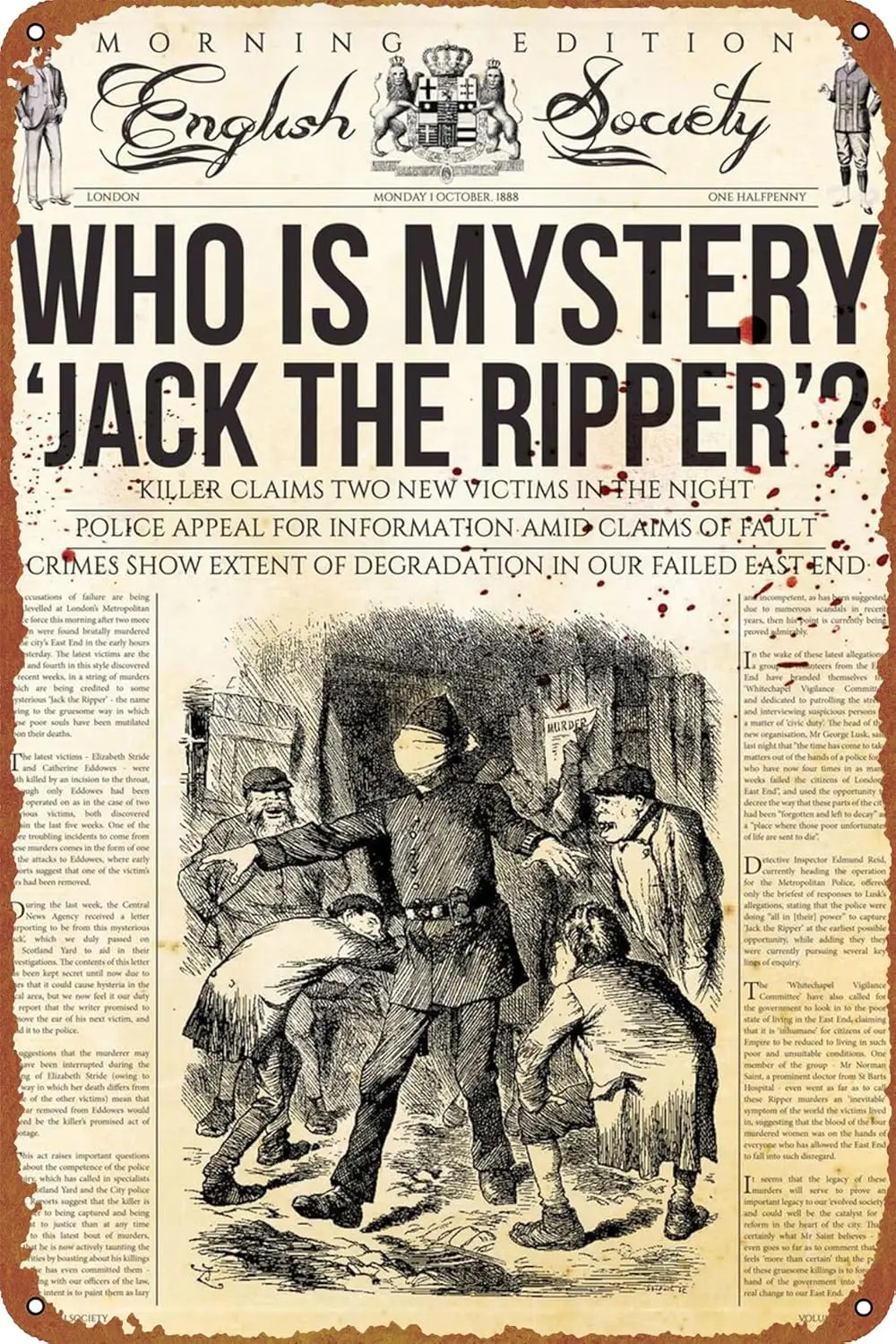 Jack The Ripper Newspaper Posters Tin Signs Retro Metal Movie Tins for Bar Pub Home Cafes Wall Decor, 8X12 Inch (20X30 CM)