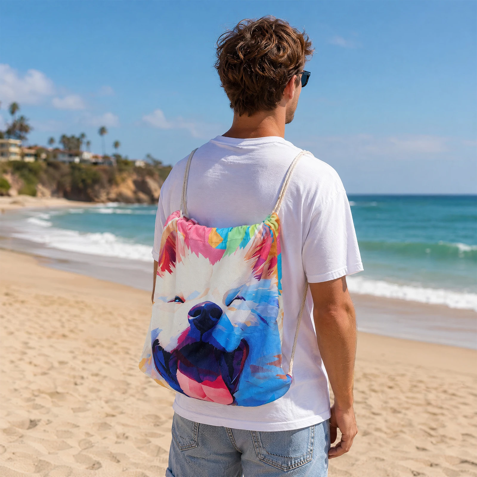 2-in-1 Beach Carry Blanket Backpack Soft Absorbent & Quick-Drying Printed Drawstring Bag for Travel Pool Camping Sport