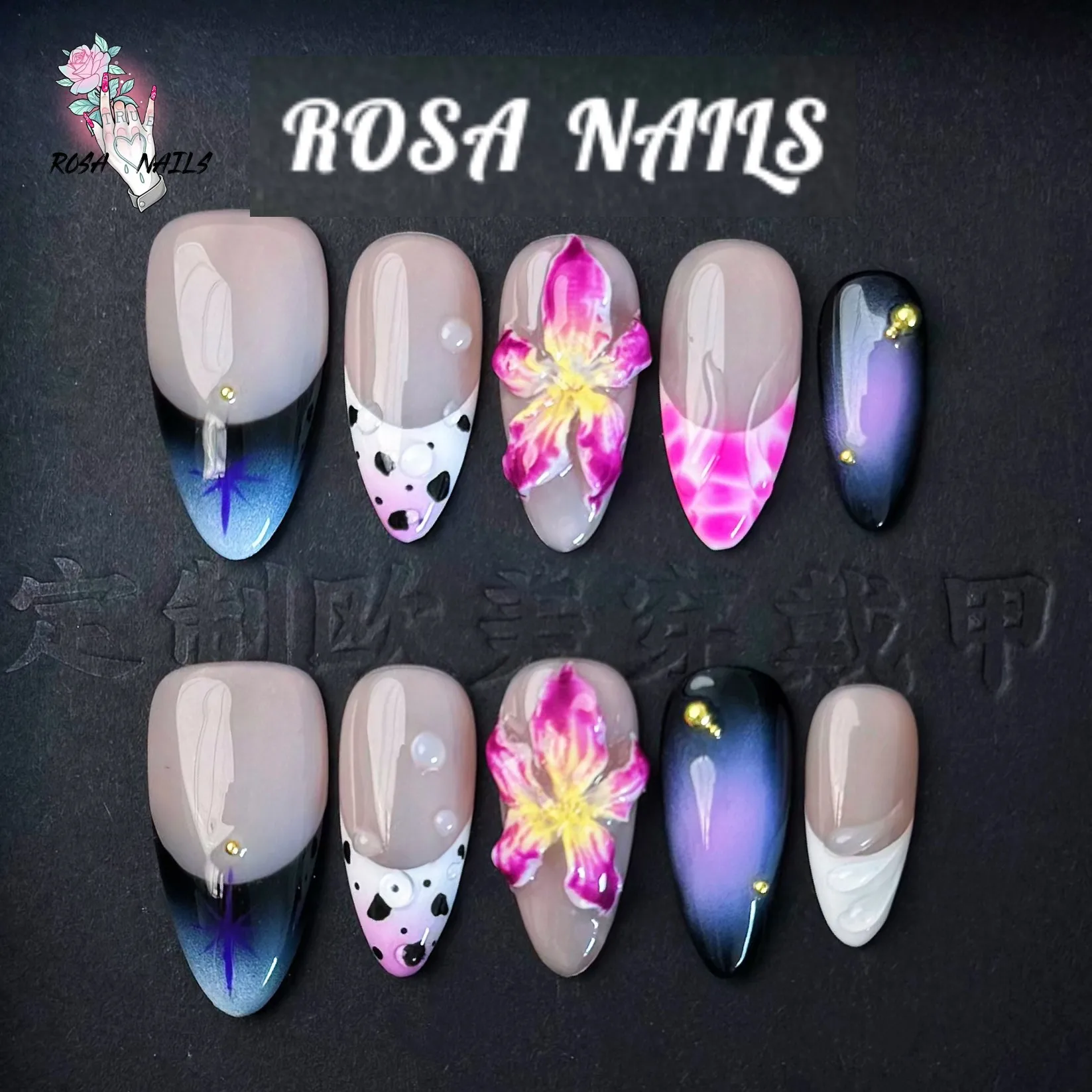 

Press On Nails Almond Purple 3D Flower Handmade Fake Nail Art Dark Black Flowers French Nail Tips False Nails Wearable Pressons