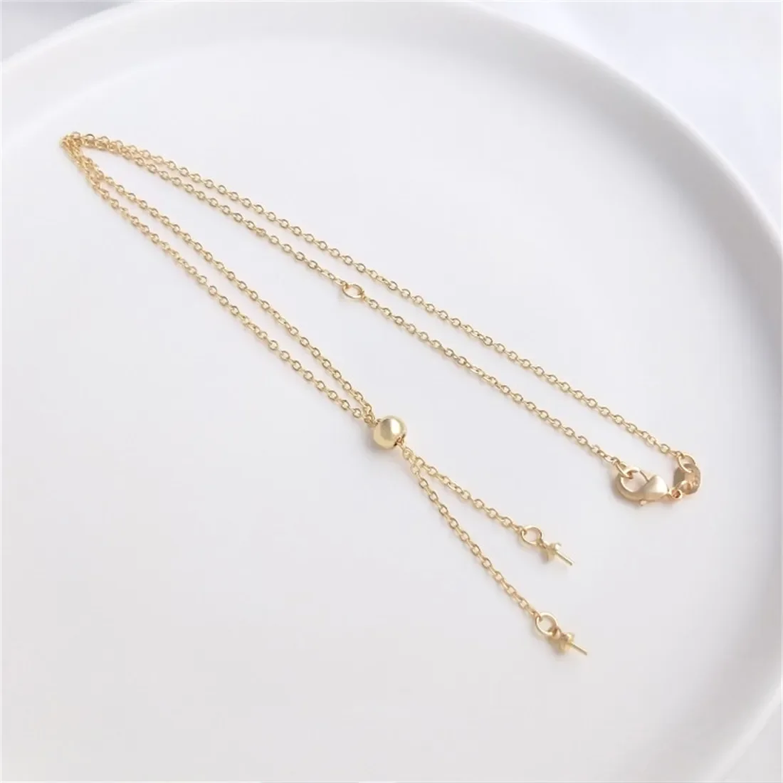 

14K Gold Wrapped with Adhesive Beads Adjustable Double Hanging Half Hole Pearl Hollow Pendant Necklace DIY Minimalist B758