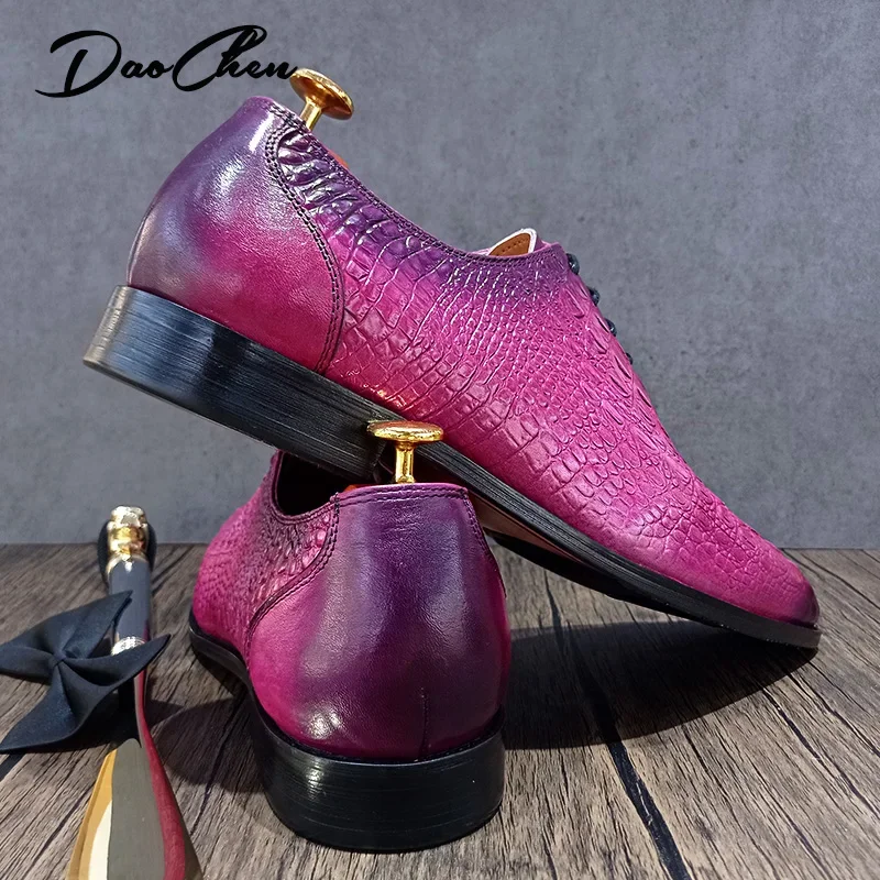 LUXURY BRAND MEN GENUINE LEATHER SHOES PURPLE CROCODILE PRINT CASUAL DRESS MAN SHOES OFFICE WEDDING OXFORD SHOES FOR MEN