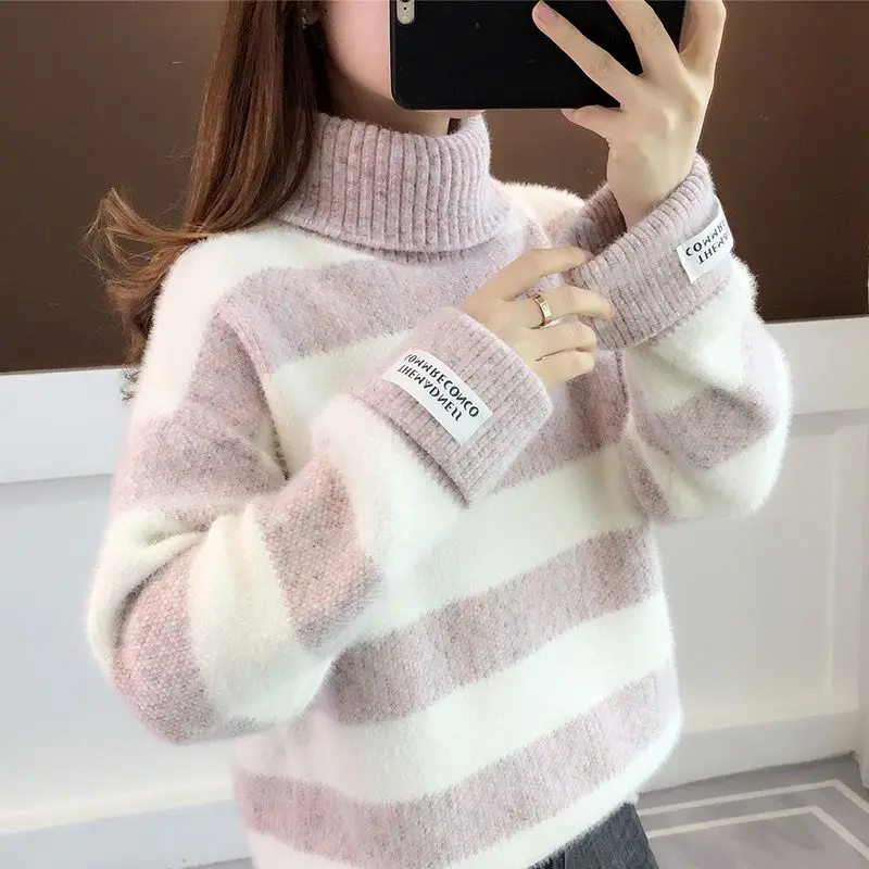 Autunno inverno nuovo colore a contrasto filettatura dolcevita maglioni impiombati pullover moda sciolto Casual lavorato a maglia manica lunga Top