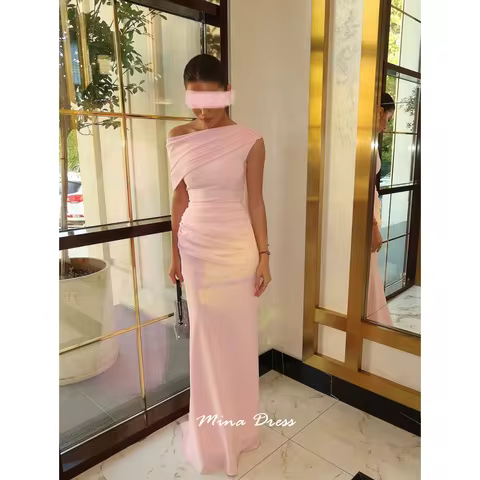 Mina Customized Pink Luxurious Women's Evening Dresses for Special Occasions Folds Off the Shoulders Arabic Evening Dress Luxury