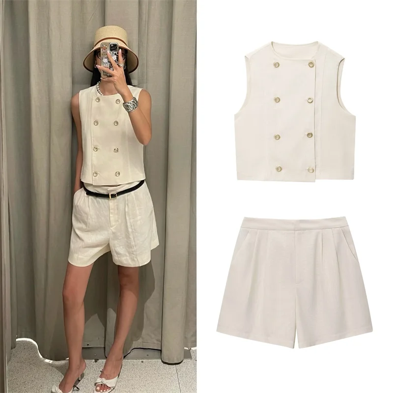 

Women's Suit Summer 2025 New White Sleeveless Vest Pleated Shorts Set Button Trim Casual Sexy Personality Fashion
