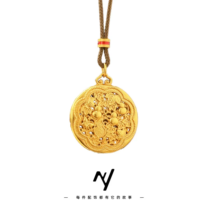 الذهب الحقيقي 999 الاتجاه الوطني الجديد على الطراز الصيني نمط عرقي مجوف تصميم تخريمي قلادة Huluhua #5