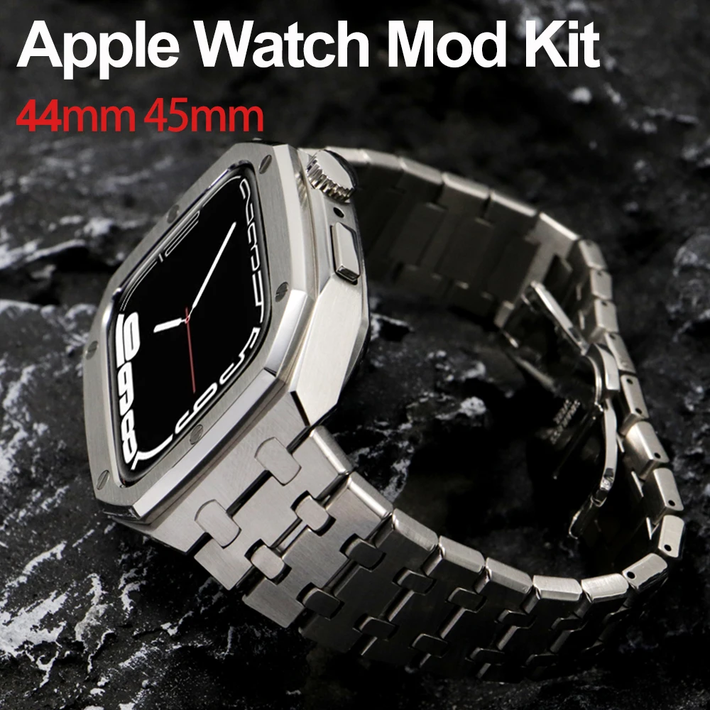 Luxury Metal Modification Kit for Apple Watch 9 8 7 45 44mm Stainless Steel Strap for Iwatch Series 6 5 4 3 SE Bezel Frame Band