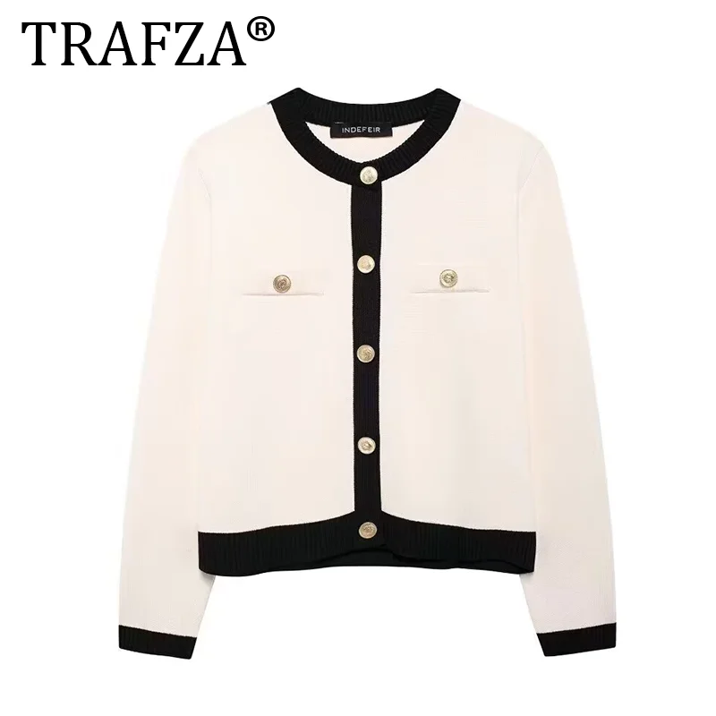 TRAFZA Women Knitted Sweater Metal Button Tunic Cardigan O Neck Elegant Black White Patchwork Slim Long Sleeve Elastic Outwear 