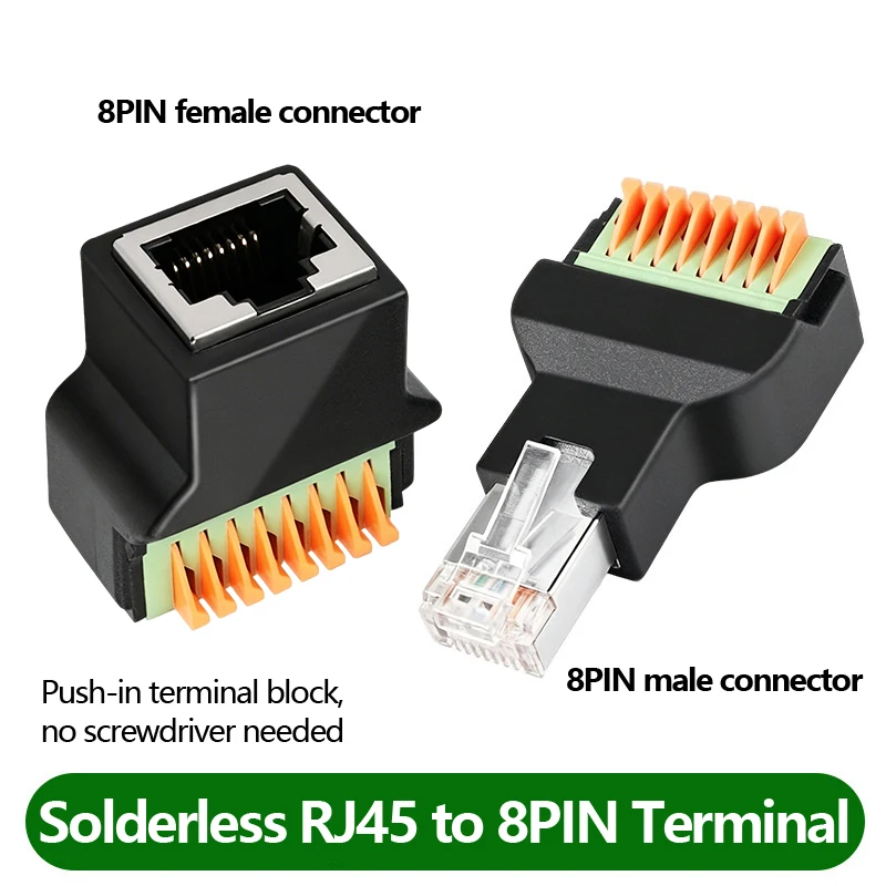 Solderless RJ45 to 8Pin Terminal Block Adapter RJ45 Male Plug / Female Jack To 8P Spring Push Terminal Connector