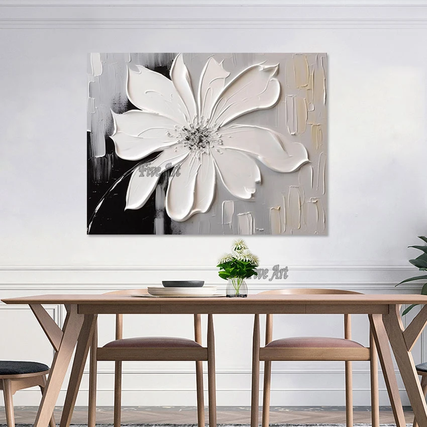 Pallet Knife Art White Simple Textured Abstract Flower Painting Modern Wall Hangings Picture For Living Room Home Decoration